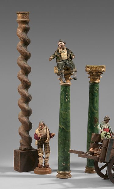 null Two wooden columns painted in simulated marble, a wooden torso column and a...