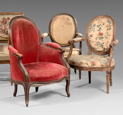 null - Cabriolet armchair with medallion back in moulded beech. Armrests with cuffs....