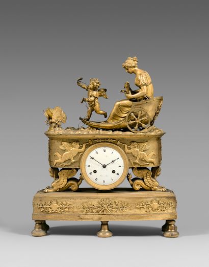 null Clock in matte and shiny gilt bronze representing the "Chariot of Psyche led...