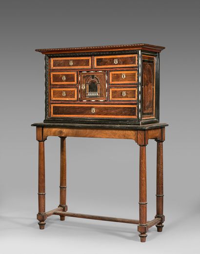 null Mahogany and lemon tree veneer cabinet decorated with black wood guilloche and...