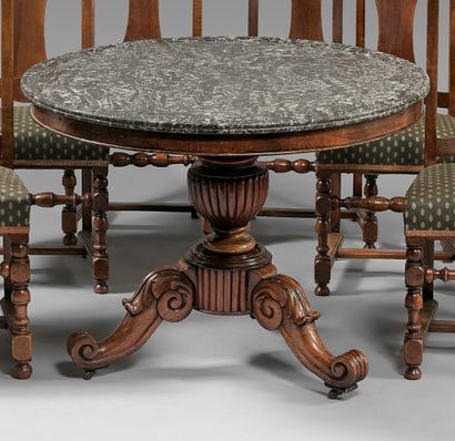 null Mahogany pedestal table with a baluster shaft on a tripod base with claws. Moulded...