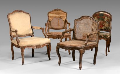 null - Flat back caned armchair in beech and oak carved with a pomegranate. Cambered...
