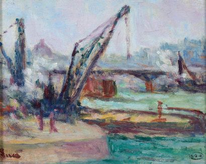 Maximilien Luce (1858-1941) Construction du Pont du Carrousel
Oil on panel, bears...