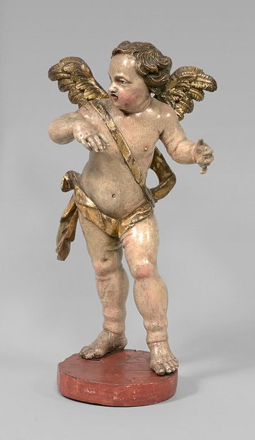 null Grande statuette d'ange en bois polychrome et doré.
XVIIIe siècle.
Hauteur :...