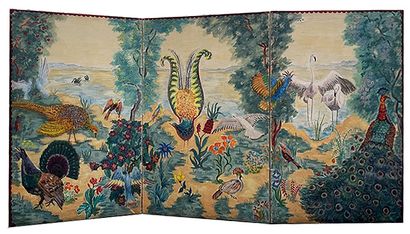 Jacques ERMOTTE (1897-1964) Paravent sur toile à décors de fleurs et d'animaux.
Hauteur...