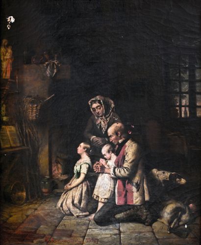 École Française du XIXe siècle Benediction and Family Prayer Two oil on canvas, lined.
55.5...