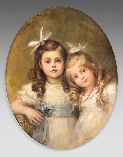 Caroline FEUILLAS CREUZY (née en 1861) Portrait de deux sœurs
Huile sur toile signée...