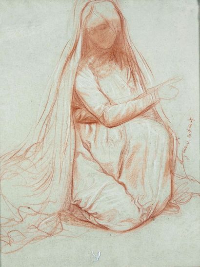 Attribué à Jules Elie DELAUNAY (1828-1891) Kneeling woman
Sanguine and white chalk.
42.5...