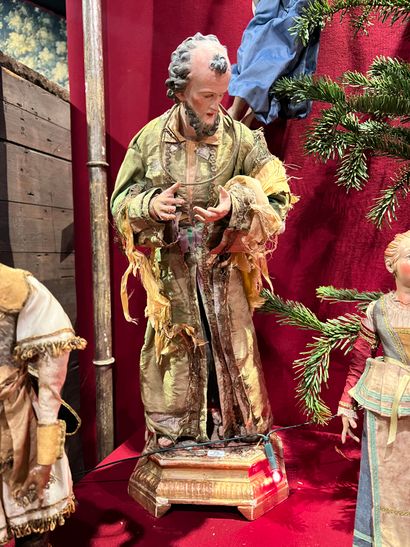 null Grande statuette représentant saint Joseph en bois sculpté polychrome, vêtu...