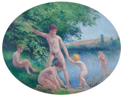Maximilien Luce (1858-1941) Rolleboise, baignade Huile sur panneau de forme ovale,...