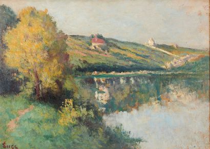 Maximilien Luce (1858-1941) Rolleboise, la Seine devant l'église
Huile sur carton...