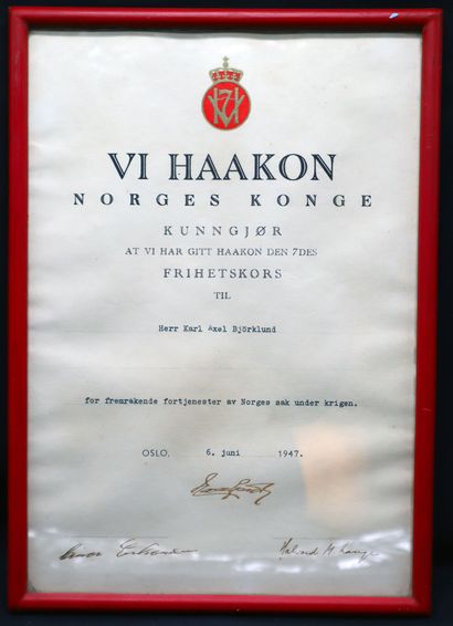 null Norvège - Croix de la Liberté d'Haakon VII, brevet imprimé au nom de Karl Axel...
