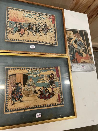 Trois estampes japonaises : scènes de batailles...