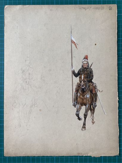 null 
ALPHONSE LALAUZE (1872-1941), Pelotons de dragons à cheval commandé par un...