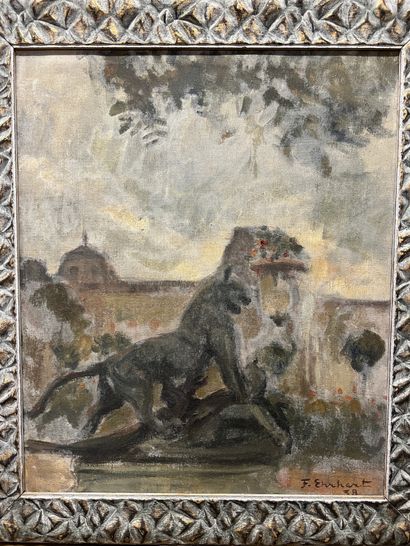null François EHRHART : "Lion in bronze in front of a facade", oil on canvas signed...