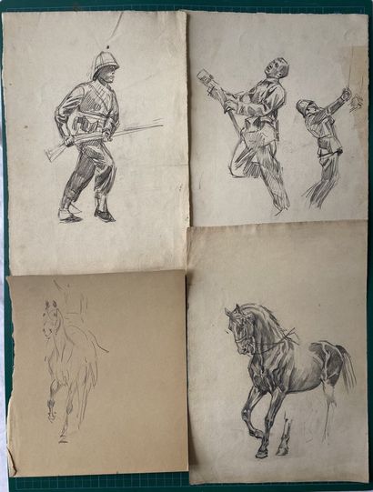 null 
ALPHONSE LALAUZE (1872-1941), Suite of 4 studies: colonial soldiers, horses,...