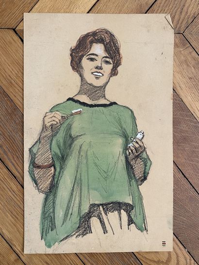 null 
MODERN SCHOOL XXth CENTURY




Woman in green dress with toothpaste, 




Watercolor...