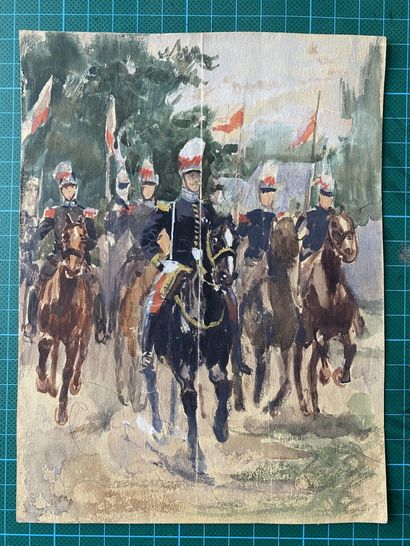 null 
ALPHONSE LALAUZE (1872-1941), Brigade de cavalerie saint-cyrpienne, gouache...