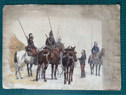 null 
ALPHONSE LALAUZE (1872-1941), Peloton de dragons en manœuvre, watercolor and...
