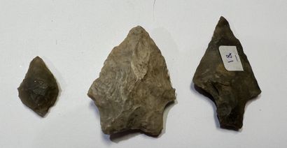 null 
Lot including three arrowheads of which one foliated, one with wings and peduncle,...