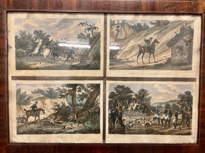 4 engravings of hunting in a mahogany veneer...