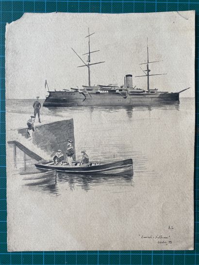 null 
ALPHONSE LALAUZE (1872-1941), Le croiseur russe Amiral Nakhimov, lavis d’encre...