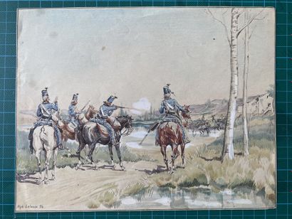 null 
ALPHONSE LALAUZE (1872-1941), Peloton de hussards à cheval tirant sur l'ennemi...