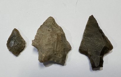 null 
Lot including three arrowheads of which one foliated, one with wings and peduncle,...