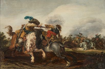 Jan Marteen de JONGHE (1609-1647) Choc de cavalerie
Huile sur panneau.
Signé et daté...