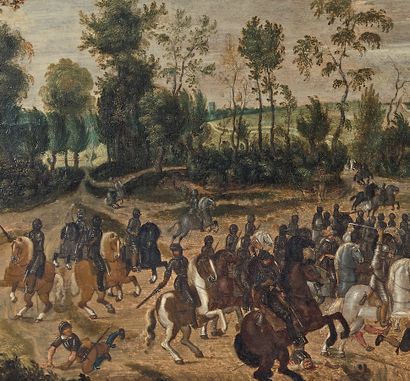 ATTRIBUÉ À SÉBASTIEN VRANCX (1573-1647) A skirmish
Oil on panel, parquet.
39 x 71...