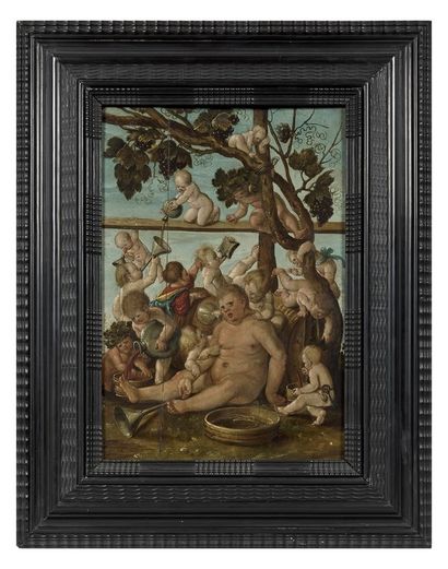 Ecole Allemande du XVIIe siècle Bacchus assis et putti vignerons
Huile sur panneau,...