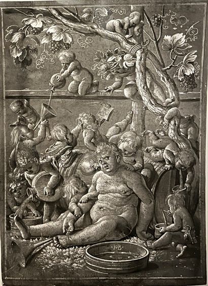 Ecole Allemande du XVIIe siècle Bacchus assis et putti vignerons
Huile sur panneau,...