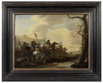 Attribué à Philips WOUWERMAN (1619-1668) Choc de cavalerie
Huile sur panneau.
Trace...