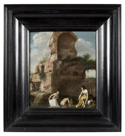 Cornelis van POELENBURGH (1594-1667) Groupe de baigneuses devant des ruines
Huile...