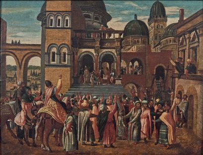 ÉCOLE FLAMANDE des XVIe-XVIIe siècles Le Christ devant Pilate
Huile sur panneau.
23,5...