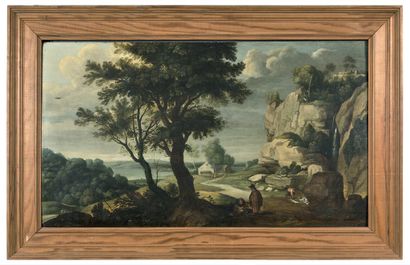 Attribué à Willem van NIEULANDT (1584-1636) Walkers in a landscape
Oil on panel.
46,5...