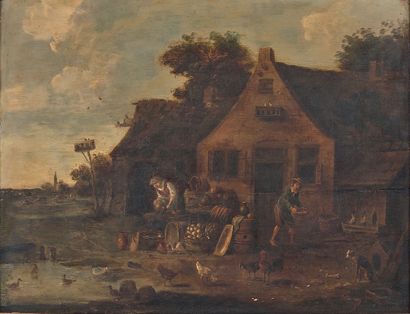 Entourage de Hendrick Martensz SORG (1610-1670) Paysans devant une chaumière
Huile...