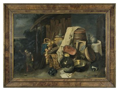 DAVID RYCKAERT III (1612-1661) Jeune garçon devant des ustensiles de cuisine
Huile...