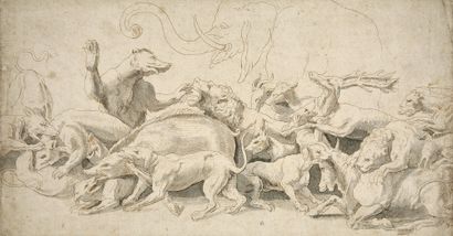 ÉCOLE de Jules ROMAIN (Rome, V. 1492-1499 - Mantoue, 1546) Le combat des animaux...