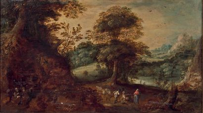 Attribué à Abraham GOVAERTS (1589-1626) Moines et mendiants dans un paysage
Huile...
