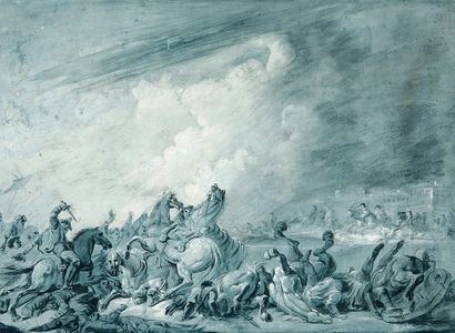 Jacques GAMELIN (Carcassonne, 1738 - 1803) Scène de bataille le long d'un fleuve
Plume...