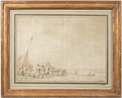 Charles ESCHARD (Caen, 1748 - Paris, 1810) Pêcheurs sur la grève
Plume et encre brune...