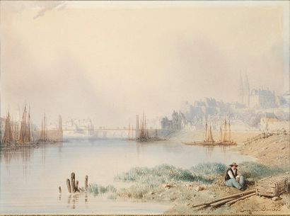 Eugène SOULES (Paris, 1811 - 1876) Vue d'un pont à Angers
Aquarelle.
Signé en bas...