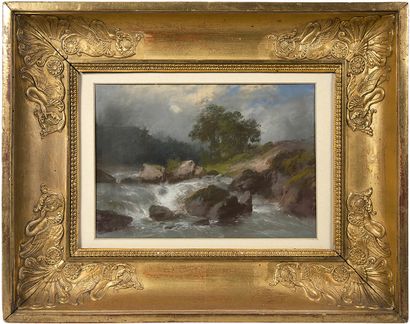 Jules COIGNET (Paris, 1798 - 1860) Un torrent dans la montagne
Pastel.
Signé en bas...