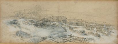 Jacob JACOBS (Anvers, 1812 - 1879) La chute de Sarp sur le fleuve Glommen Crayon...