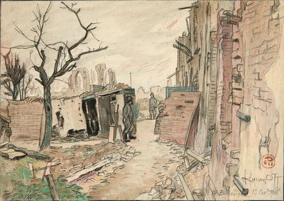 Lucien OTT (Paris, 1872 - Villeneuve-Saint-Georges, 1927) Vue des ruines de Boesinge,...