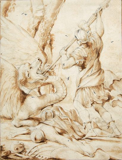 Ecole italienne du XVIIe siècle Saint Georges et le dragon
Plume et encre brune,...