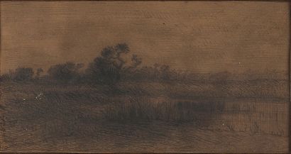 Théodore ROUSSEAU (Paris, 1812 - Barbizon, 1867) Paysage de marécage
Crayon noir.
Traces...