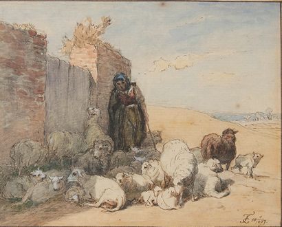 ECOLE FRANÇAISE DU XIXe La bergère et son troupeau, Algérie
Aquarelle, plume et encre...