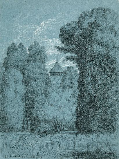 Théodore CHAUVEL (Paris, 1831 - 1909) Vue d'une clairière avec un clocher dans le...